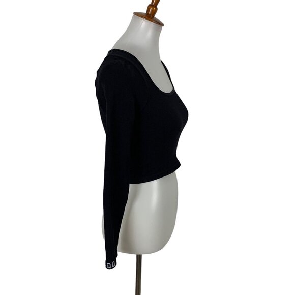 OQQ Black Crop Top Small Long Sleeve Stretch Y2K Sexy Clubwear Basic - Picture 2 of 4